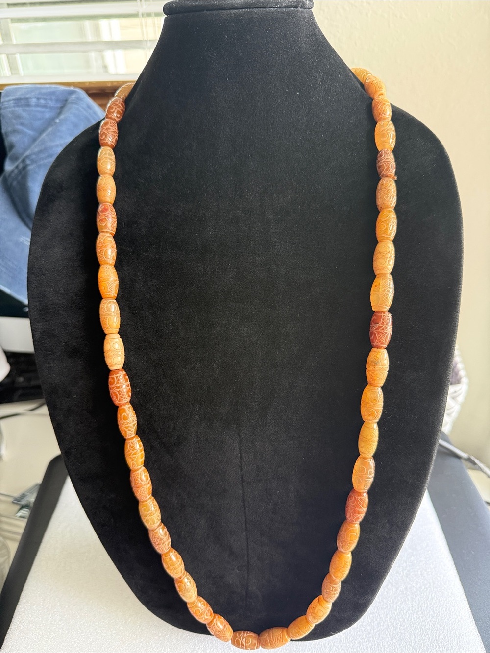 Vintage Carved Earth Tone Beaded Necklace Artisan Boho Natural Stone Look